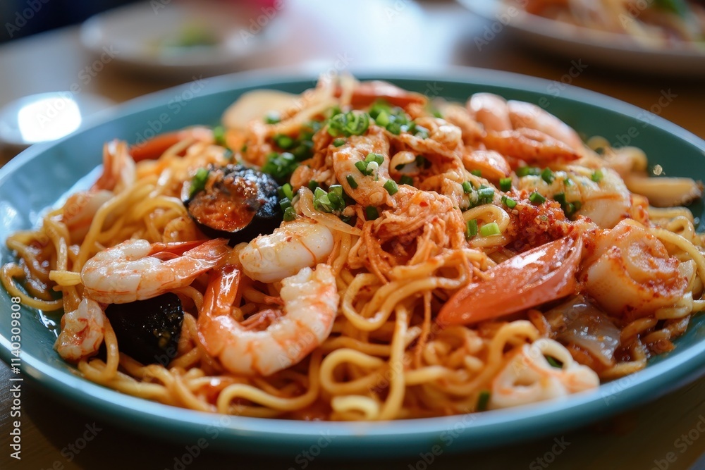 Haemul jjampong is a Korean noodle dish featuring various seafood Haemul jjampong is a Korean noodle dish featuring various seafood