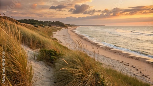 Golden hour sunlight illuminates beach dunes and sea oats overlooking a tranquil ocean with waves gently lapping the shore at sunset under a dramatic sky photo