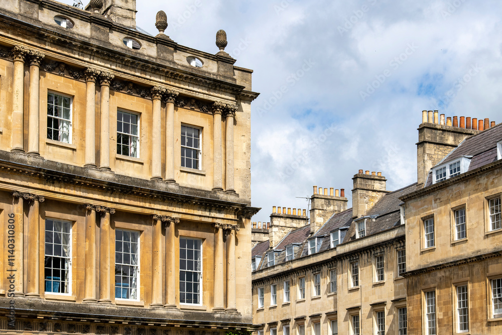 Fototapeta premium Part of the façade of historic ring of townhouses on The Circus in Bath, Somerset, UK designed by architect John Wood, the Elder built between 1754 and 1768 in Georgian architecture