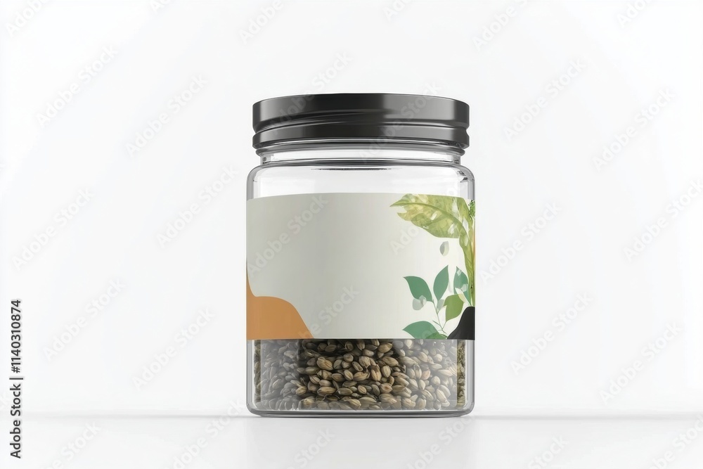 A glass jar filled with small seeds, featuring a decorative label. A glass jar filled with small seeds, featuring a decorative label.