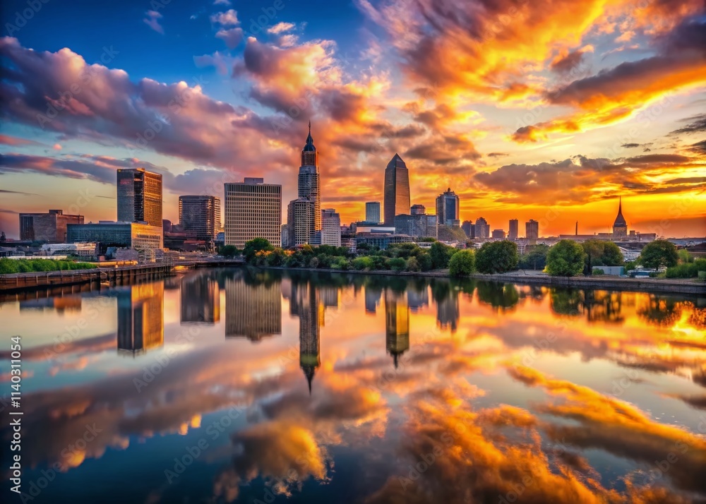Fototapeta premium Cleveland Skyline Silhouette Aerial View, Cityscape Reflection, Ohio River, Dusk, Night Photography