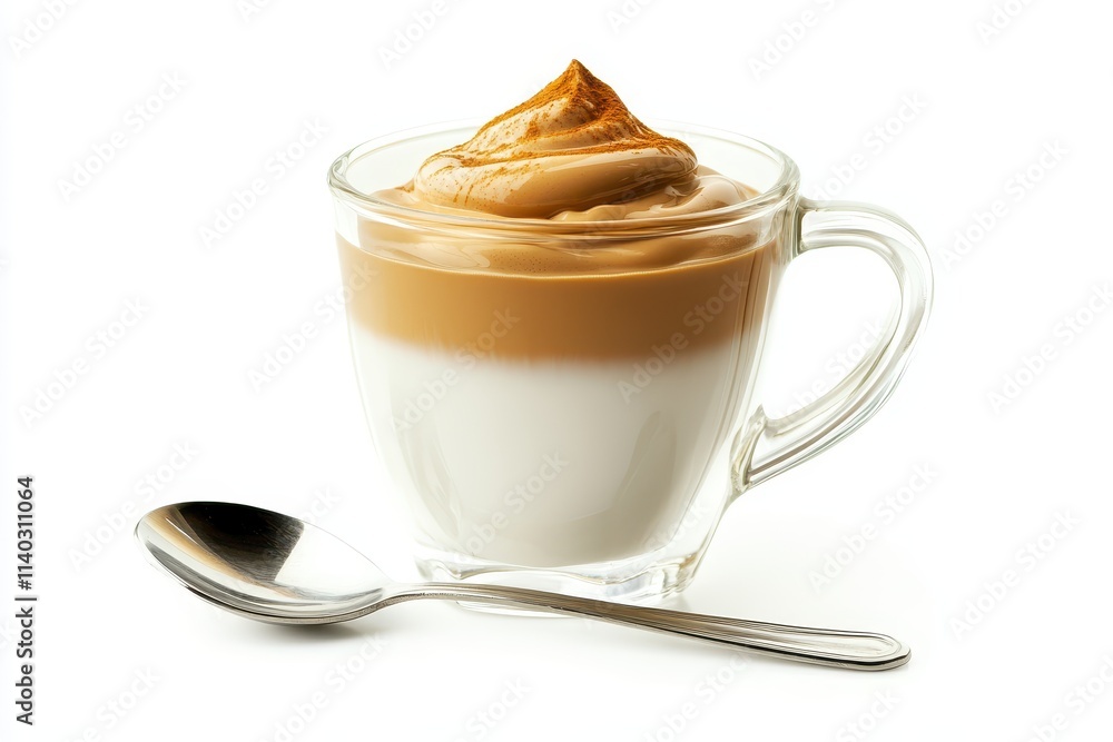 Isolated white background features a spoon and a glass of foamy whipped coffee with ice milk Isolated white background features a spoon and a glass of foamy whipped coffee with ice milk