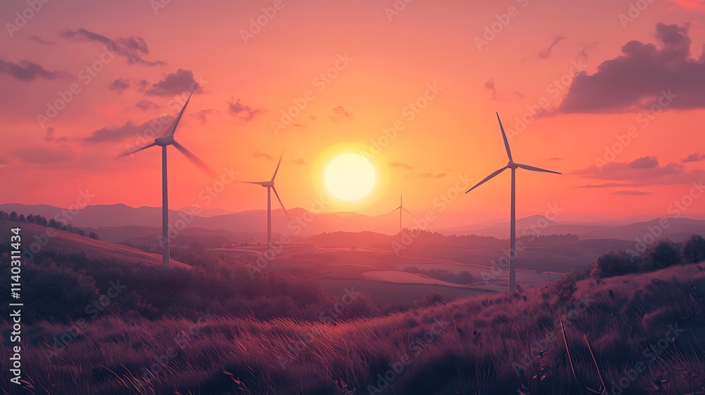 Sunset over Wind Turbines in Rolling Hills Sunset over Wind Turbines in Rolling Hills