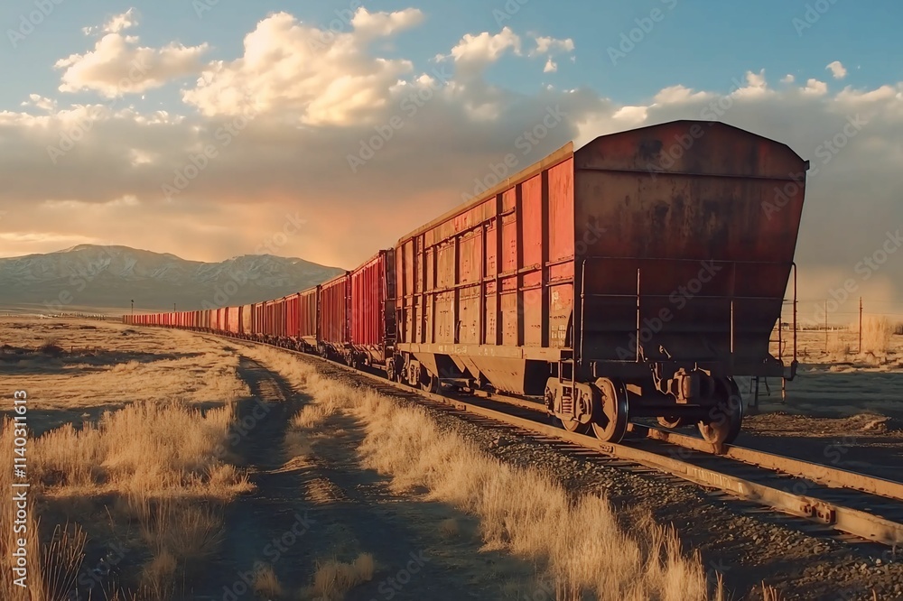 Obraz premium Captivating View of a Long Freight Train Traveling Through a Scenic Landscape Under a Vibrant Sky at Dusk, Highlighting Nature and Industry in Harmony
