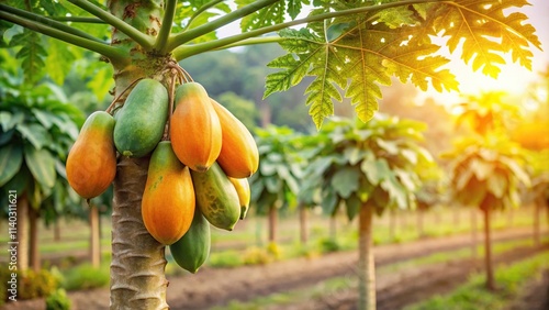 Silhouette ripe papaya hanging from tree on lush farm