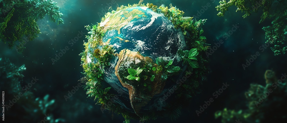 Fototapeta premium Vibrant Earth growing with green plants, trees, and natural elements, copy space concept for an inspirational ecofriendly wallpaper or background design