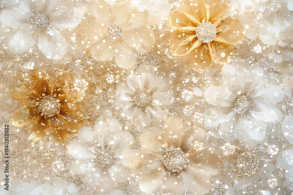 Close-up of delicate, beaded, fabric flowers in cream and gold hues. Close-up of delicate, beaded, fabric flowers in cream and gold hues.
