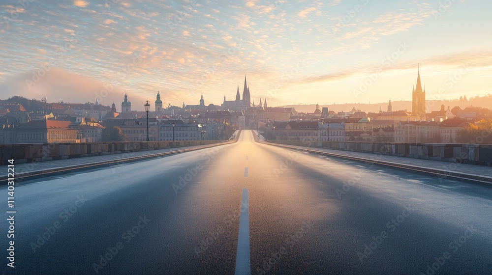Expansive View of an Empty Paved Highway Leading Toward a Majestic Cityscape at Sunrise with Beautiful Sky and Architecture in the Background Expansive View of an Empty Paved Highway Leading Toward a Majestic Cityscape at Sunrise with Beautiful Sky and Architecture in the Background
