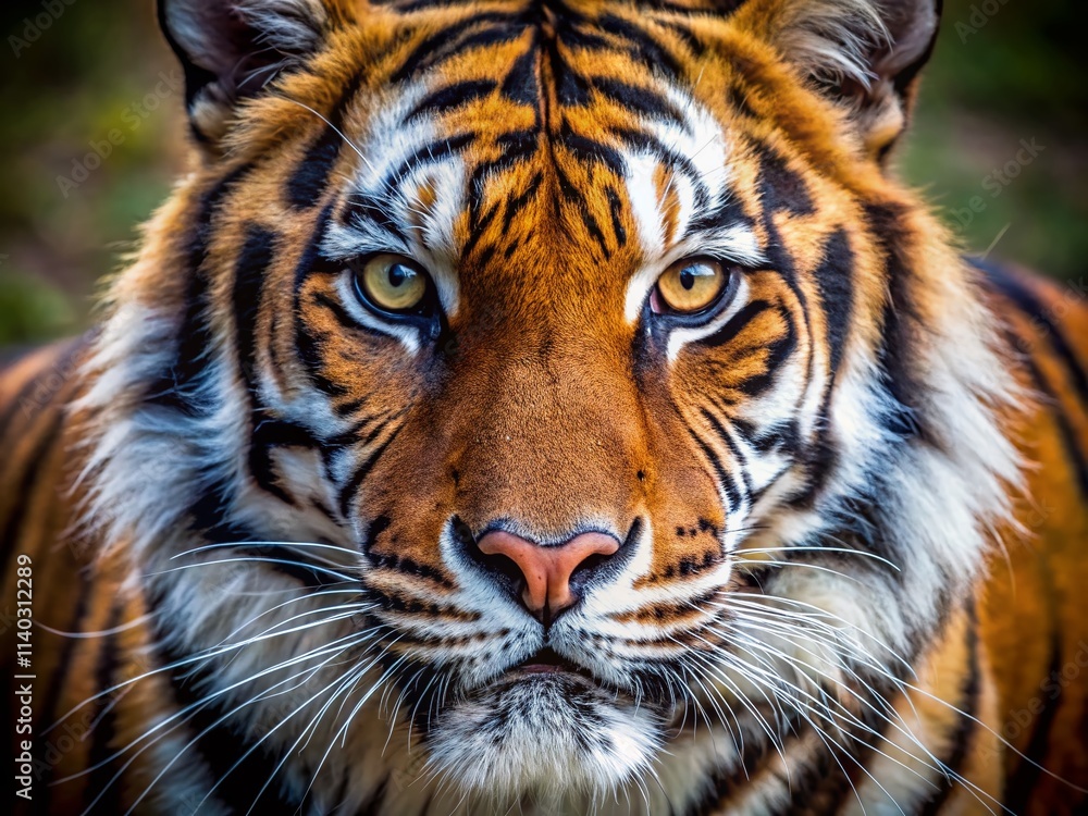 Obraz premium Close Up Tiger Portrait Photography: Majestic Bengal Stripes, Wild Cat Face, Intense Gaze, Wildlife Photography