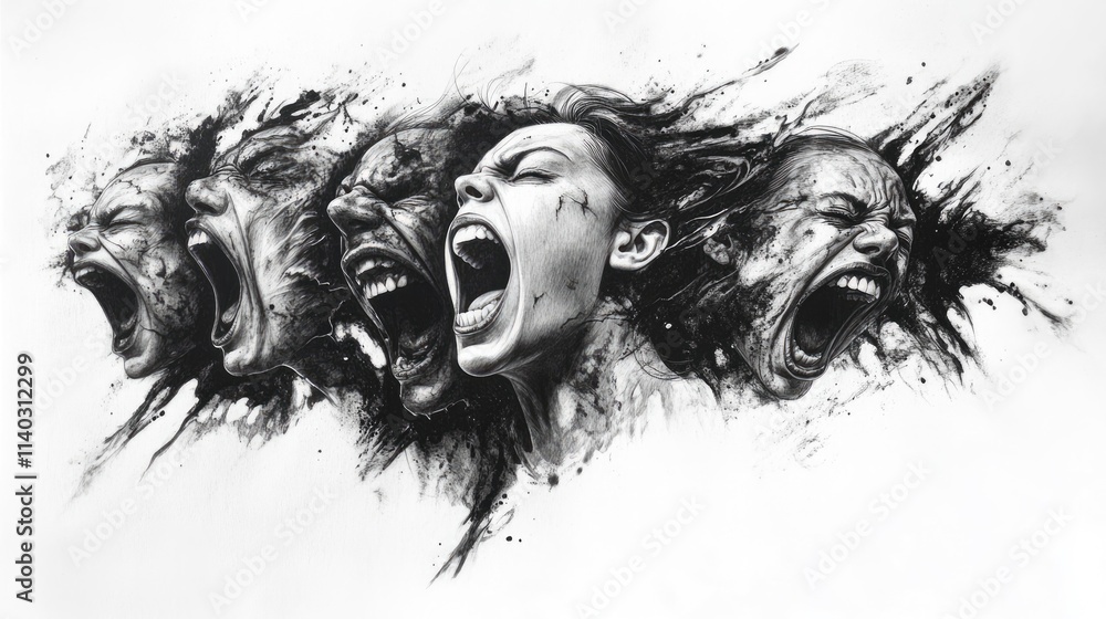 Four Faces of Agony - A Pen and Ink Masterpiece Four Faces of Agony - A Pen and Ink Masterpiece