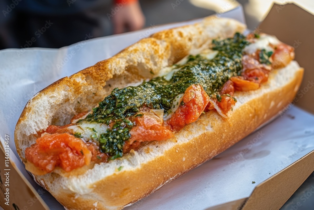 Italian cuisine Lampredotto sandwich a staple Florentine dish with spicy or green sauce Classic street food in Florence Italian cuisine Lampredotto sandwich a staple Florentine dish with spicy or green sauce Classic street food in Florence