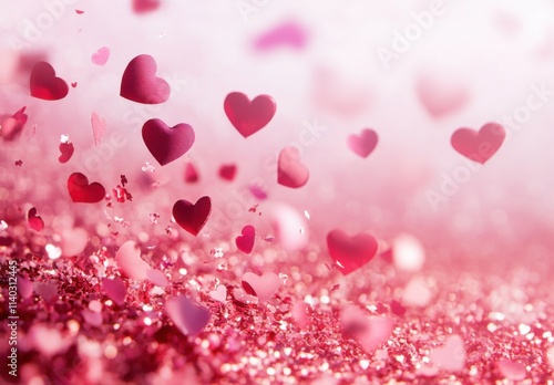 Pink glitter background with pink and red hearts falling through the air, soft lighting, blurred background, Valentine's Day theme. photo