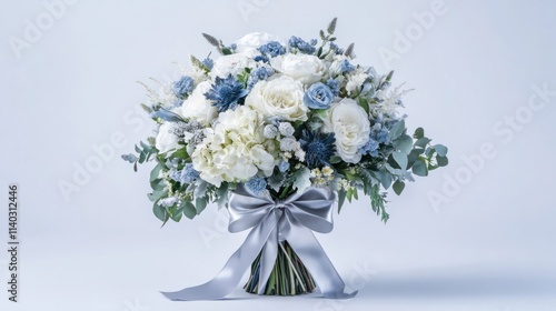 A modern bouquet of white and blue flowers with silver accents, tied with a satin ribbon, ideal for New Year decor, on white