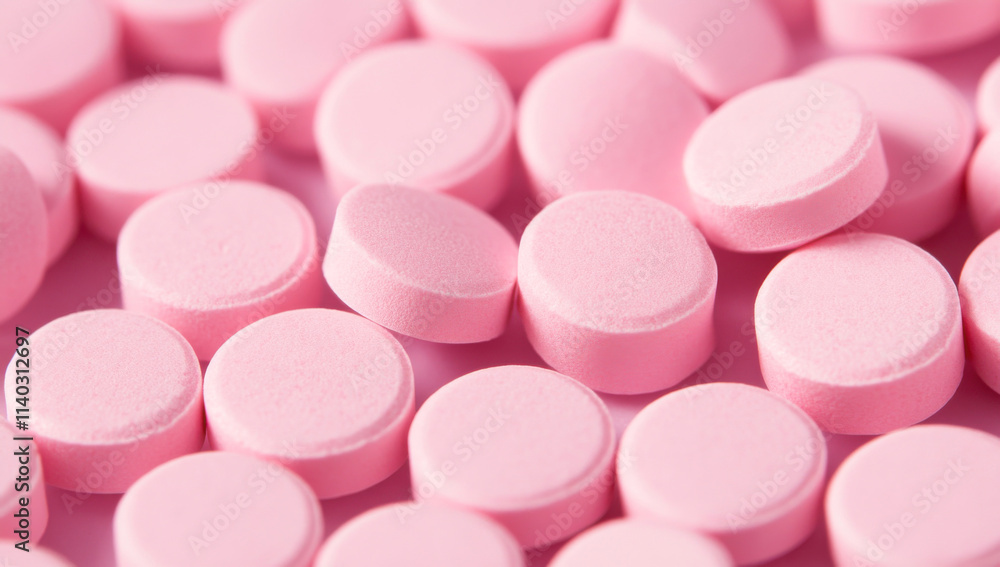 Close-up of pink round pills on a light background, high-angle view. Close-up of pink round pills on a light background, high-angle view.