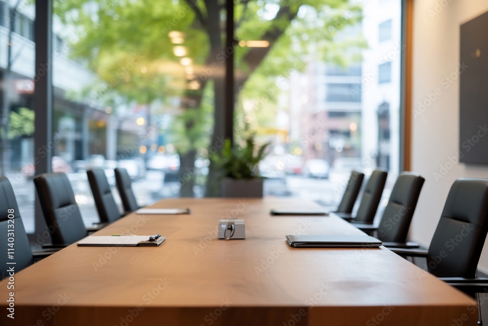 Modern conference room with a large table and chairs facing windows. Modern conference room with a large table and chairs facing windows.