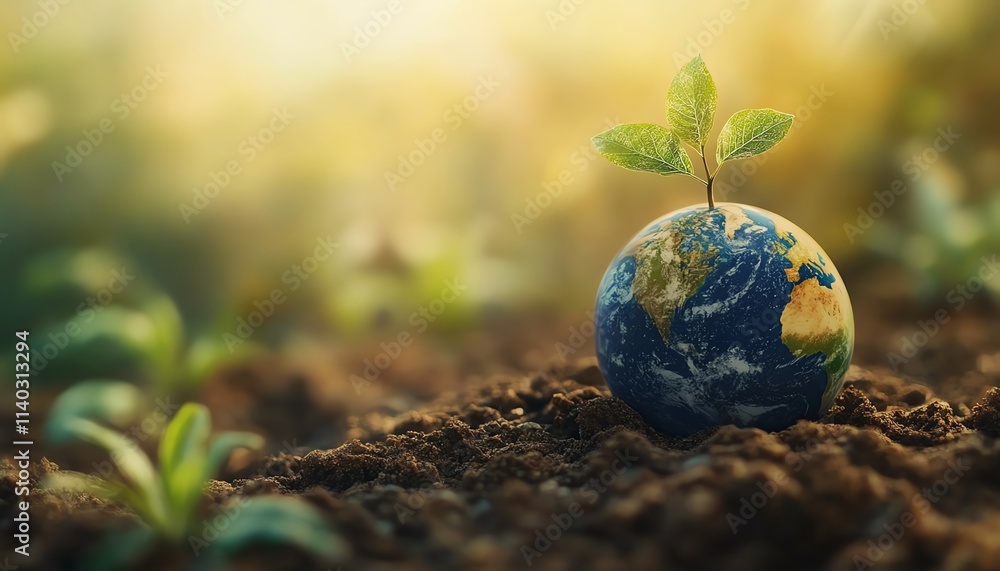 Earth growing upwards with vibrant plants and greenery, symbolizing environmental growth and renewal, copy space for wallpaper or background design Earth growing upwards with vibrant plants and greenery, symbolizing environmental growth and renewal, copy space for wallpaper or background design