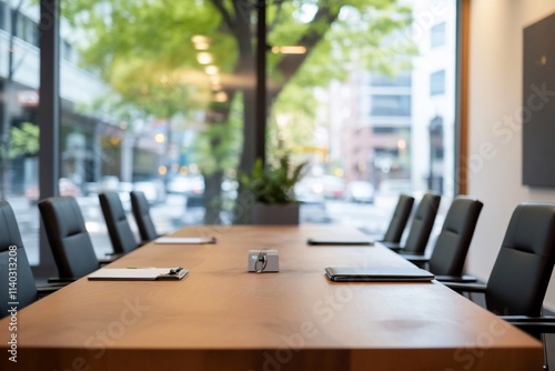 Modern conference room with a large table and chairs facing windows.