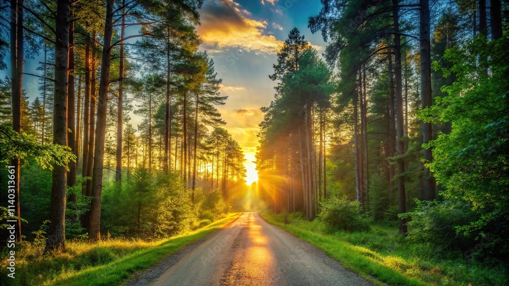 Fototapeta premium Silhouette sunset in forest with road and green trees