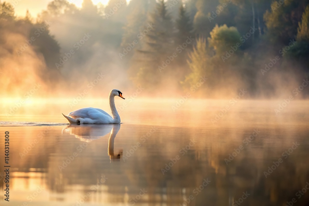 Fototapeta premium Silhouette Swan Gliding on Misty Lake in Early Morning