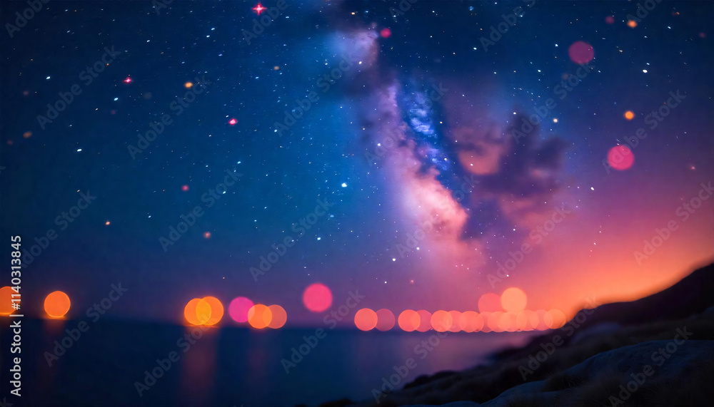 A magical night sky with glowing stars, colorful bokeh lights A magical night sky with glowing stars, colorful bokeh lights