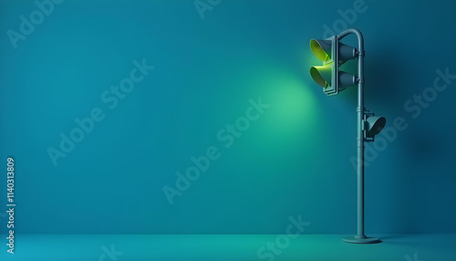 green traffic light on pole against teal background, symbolizing safety and go. minimalist design creates calm and modern atmosphere photo