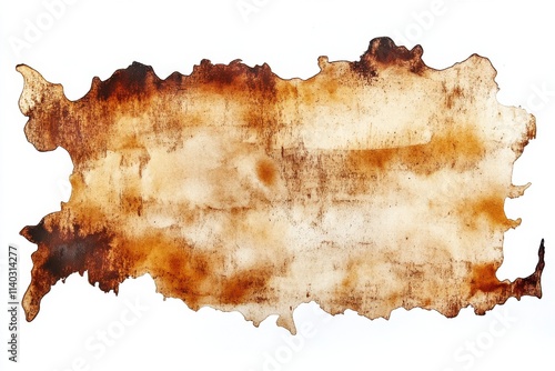 An irregular, burntedged shape of brown and beige tones, resembling an abstract map or stain.