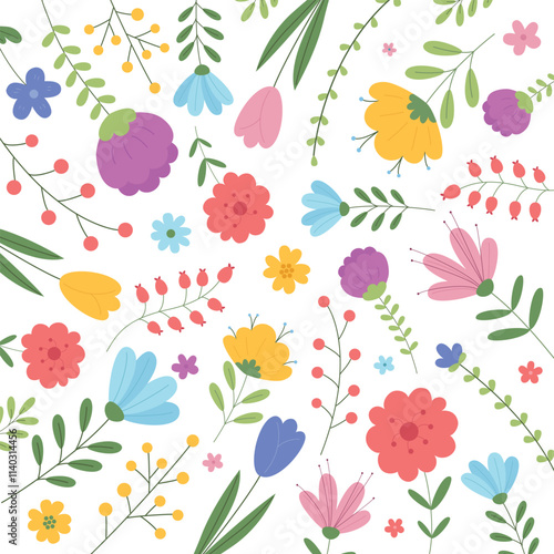 Floral pattern on a white background with tulips daisies leaves and branches