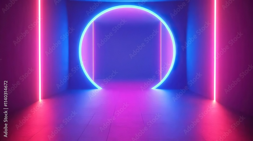 Neon lights illuminate a circular portal in a dark room. Neon lights illuminate a circular portal in a dark room.