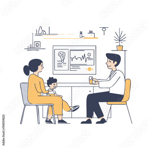 A cartoon-style illustration of a doctor with a patient at home, representing healthcare and technology in a digital business environment