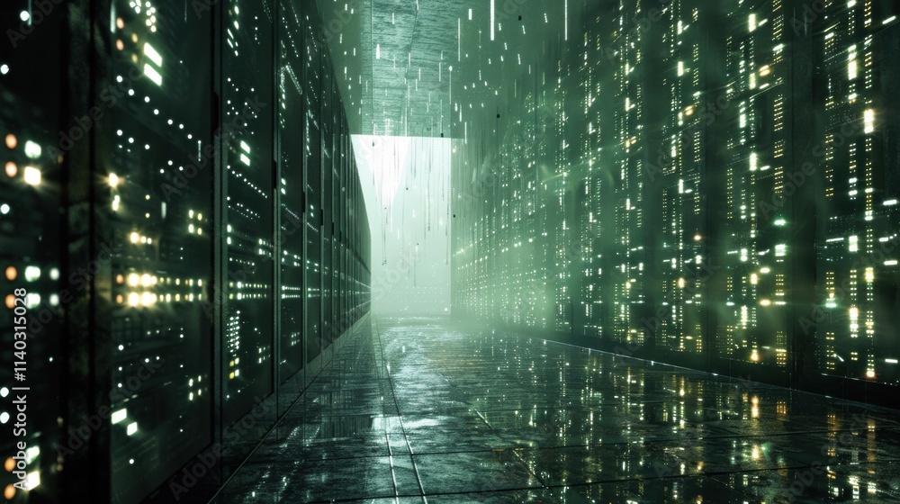 Obraz premium Data flows through a futuristic server room corridor with green lights and wet floor, creating a powerful image of digital information processing