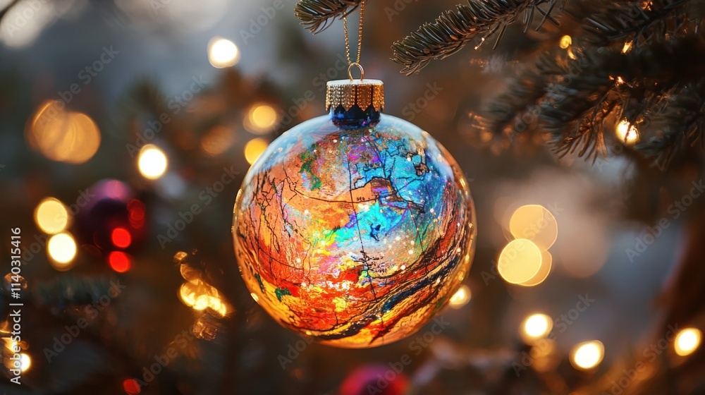 Obraz premium A Christmas globe ornament featuring a vibrant map design, glowing warmly against a background of twinkling holiday lights