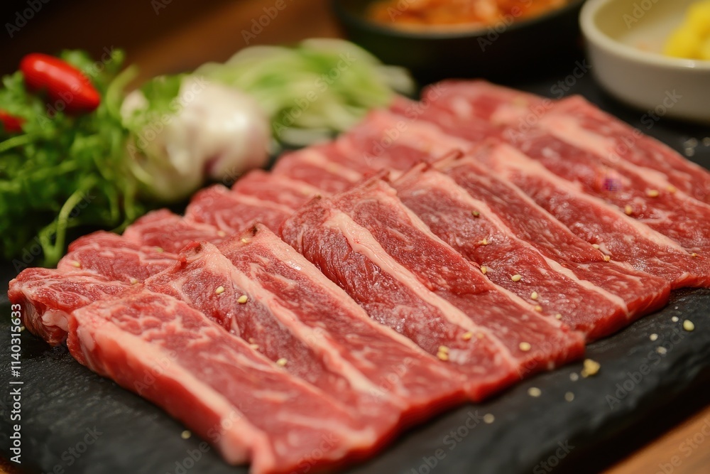 Korean cuisine features beef sashimi raw pork belly grilled dishes seasoning ribs side items galbitang rice kimchi ssamjang chili garlic and radish sprouts Korean cuisine features beef sashimi raw pork belly grilled dishes seasoning ribs side items galbitang rice kimchi ssamjang chili garlic and radish sprouts