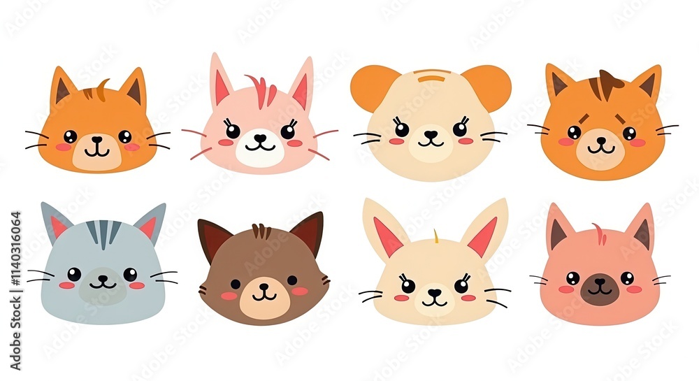 Cute Animal Faces Illustration Collection Featuring Adorable Cartoon Style Cat and Dog Characters for Kids' Projects and Graphic Design. Cute Animal Faces Illustration Collection Featuring Adorable Cartoon Style Cat and Dog Characters for Kids' Projects and Graphic Design.