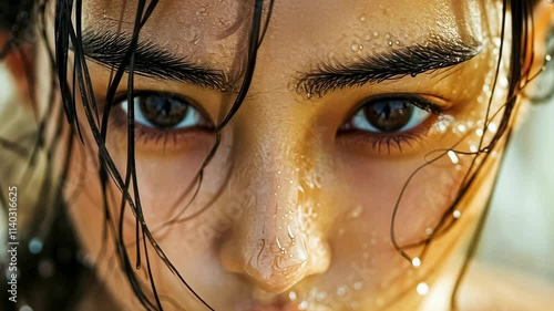 A close-up view catches a young Asian woman's intense gaze, her wet hair clinging to her face. The sunlight reflects off her dewy skin, enhancing the emotional depth of this serene moment set
