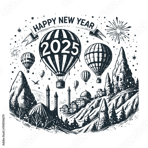 The Cappadocia. 2025 happy new year. Black white logo icon vector isolated.
