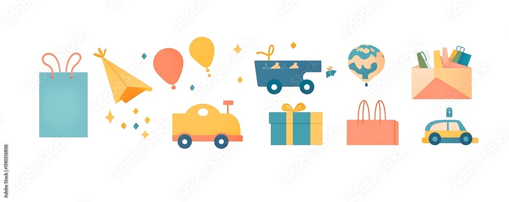 Flat design showing global e-commerce with online shopping and delivery icons Flat design showing global e-commerce with online shopping and delivery icons