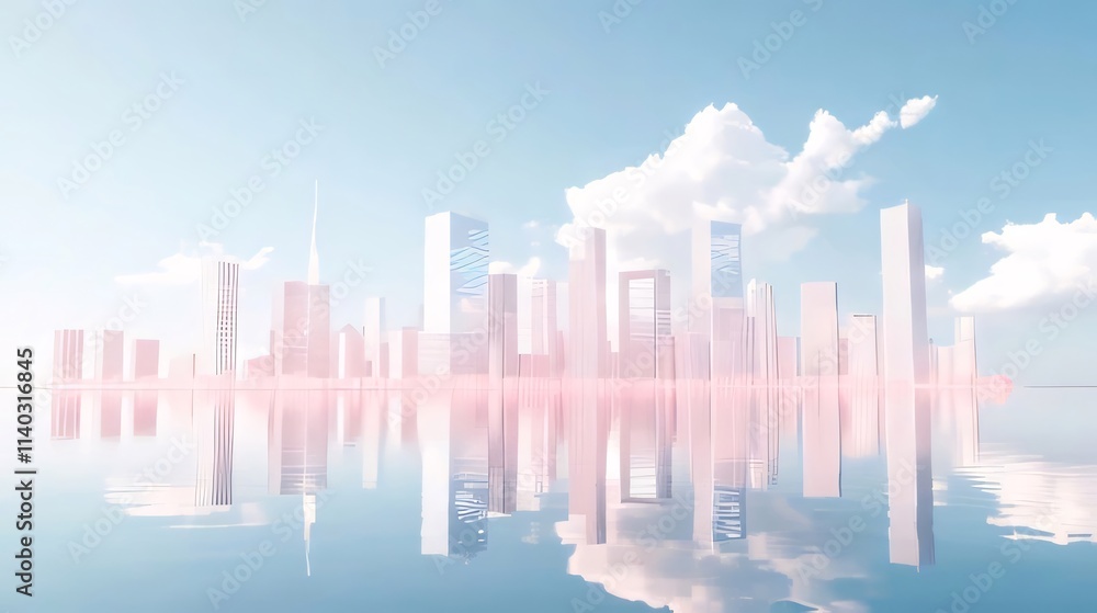 Pastel city skyline reflected in calm water under a soft sky. Pastel city skyline reflected in calm water under a soft sky.