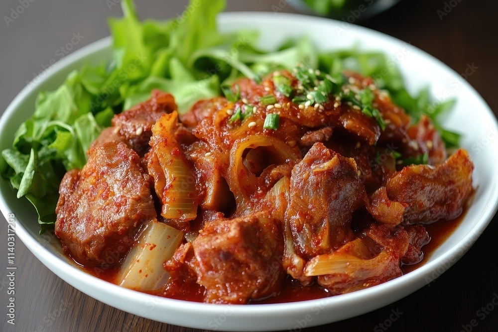 Korean cuisine featuring pork backbone stew spicy bulgogi and various sides Korean cuisine featuring pork backbone stew spicy bulgogi and various sides