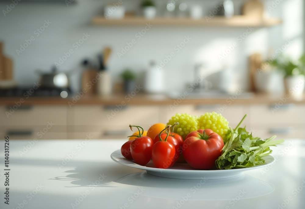 Healthy Fruits and Vegetables Displayed on a Sleek Countertop Healthy Fruits and Vegetables Displayed on a Sleek Countertop