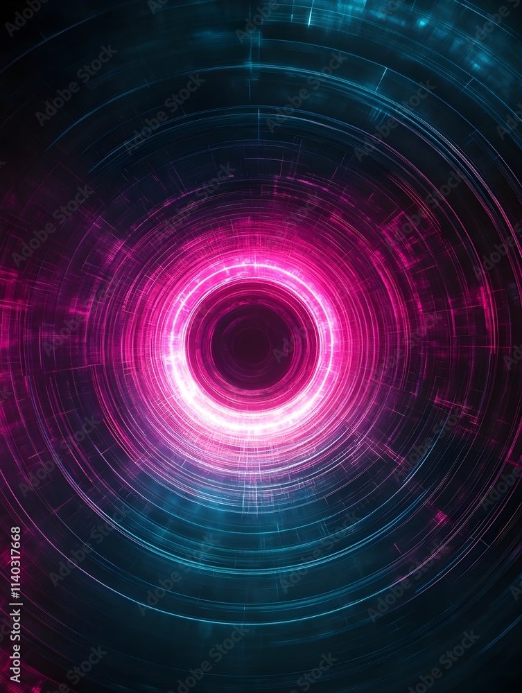 Obraz premium A digital glow effect with concentric circles of teal and magenta radiating from the center on a dark background