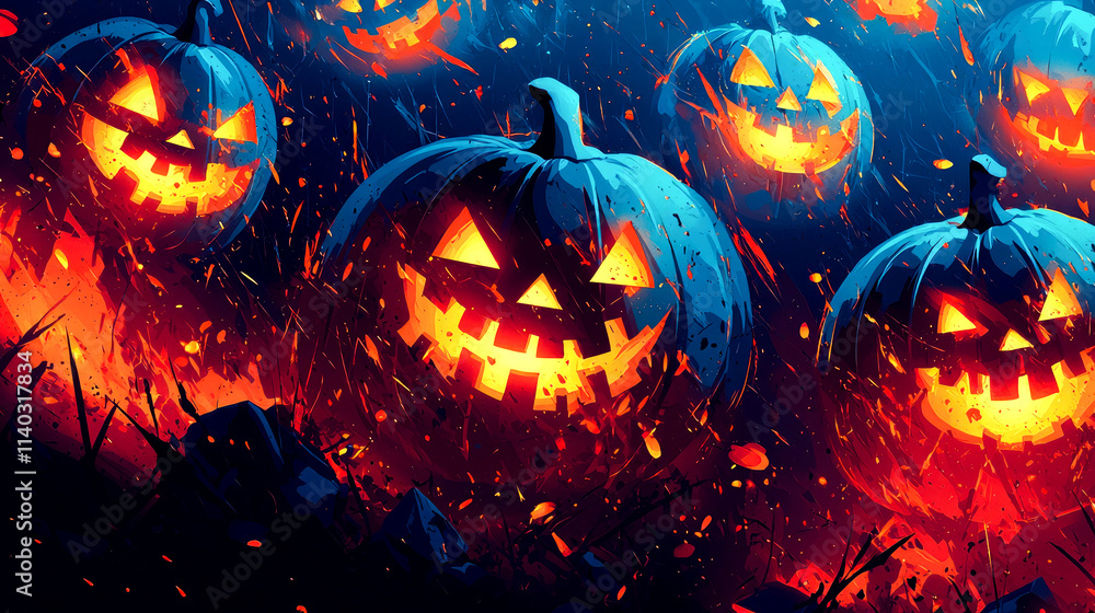 Glowing jack-o'-lanterns amidst fiery sparks. Glowing jack-o'-lanterns amidst fiery sparks.