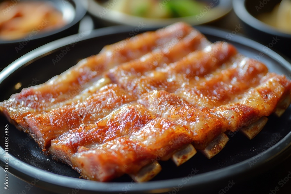 Korean cuisine featuring spicy stir fried sausage stew pork ribs beef dishes and fried pork cutlets Korean cuisine featuring spicy stir fried sausage stew pork ribs beef dishes and fried pork cutlets