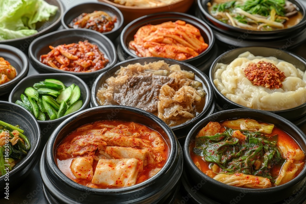 Korean cuisine featuring stir fried tripe spicy pork stews and side dishes Korean cuisine featuring stir fried tripe spicy pork stews and side dishes
