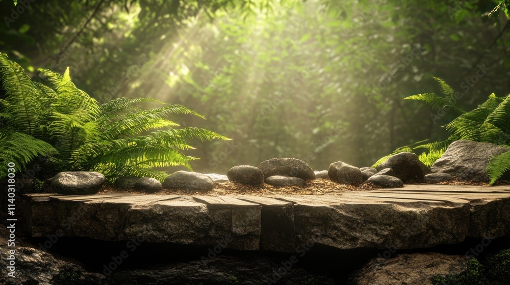 A serene forest scene with rocks and ferns, illuminated by soft sunlight. A serene forest scene with rocks and ferns, illuminated by soft sunlight.