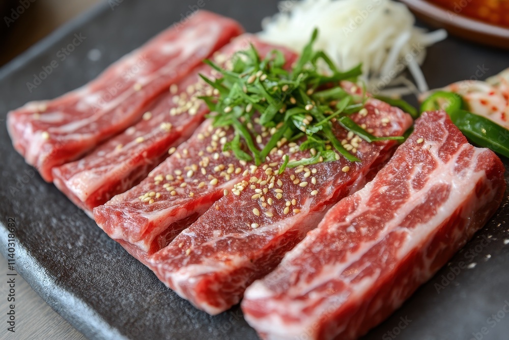 Korean cuisine including beef sashimi pork belly grilled dishes seasonings galbitang rice kimchi ssamjang chili garlic and radish sprouts Korean cuisine including beef sashimi pork belly grilled dishes seasonings galbitang rice kimchi ssamjang chili garlic and radish sprouts