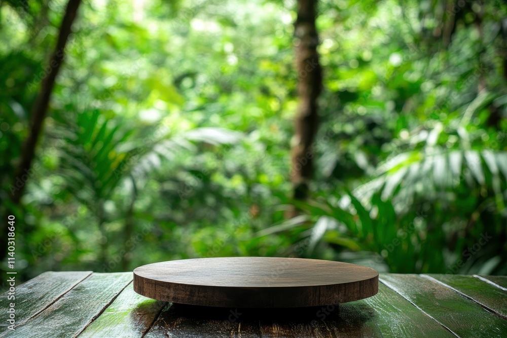 Wood tabletop podium floor in outdoors tropical garden forest blurred green leaf plant nature background.Natural product placement pedestal stand display,jungle paradise concept Wood tabletop podium floor in outdoors tropical garden forest blurred green leaf plant nature background.Natural product placement pedestal stand display,jungle paradise concept