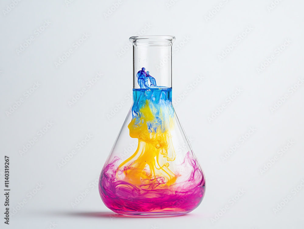 A glass beaker filled with colorful liquid, showcasing a chemical reaction isolated on white background. A glass beaker filled with colorful liquid, showcasing a chemical reaction isolated on white background.