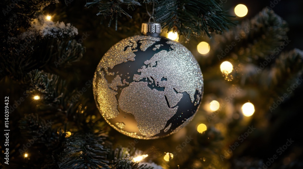 A holiday globe ornament ball featuring continents outlined in silver glitter, glowing warmly on a tree with twinkling lights A holiday globe ornament ball featuring continents outlined in silver glitter, glowing warmly on a tree with twinkling lights