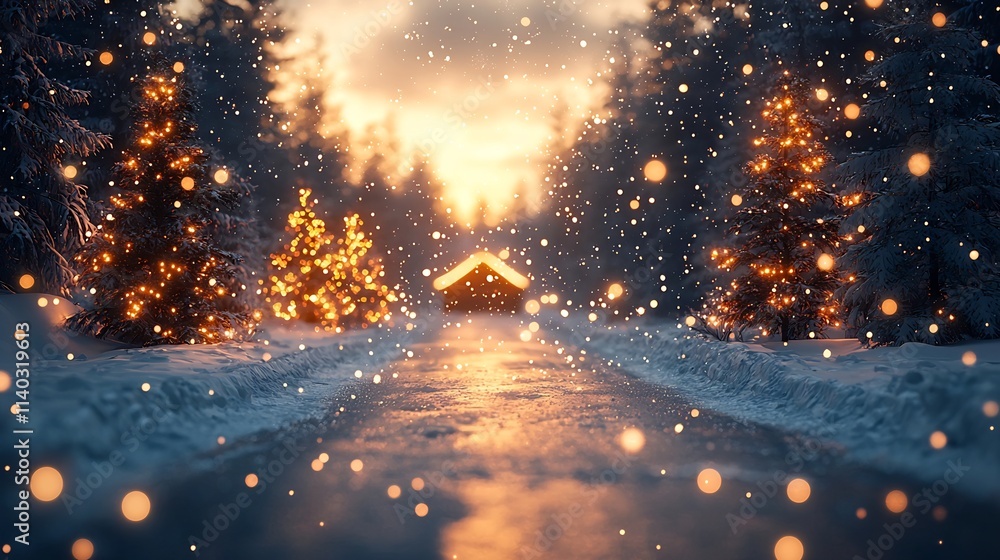 Naklejka premium Mystical Snowy Forest with Glowing Mushrooms and Aurora Borealis