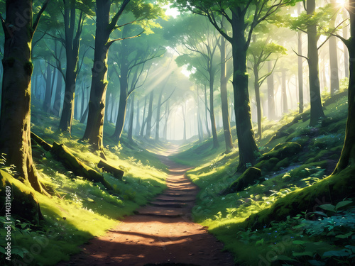 Generated artistic digital illustration of dirt pathway in the middle of beautiful lush green fantasy forest.